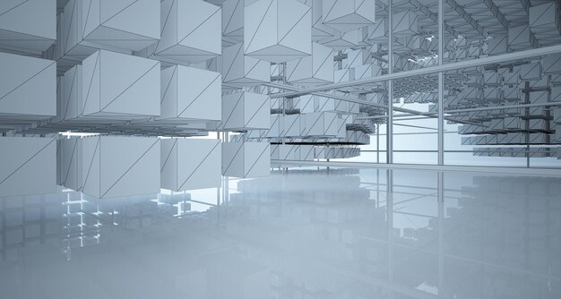 Drawing abstract architectural white interior from an array of cubes with large windows 3D illustra