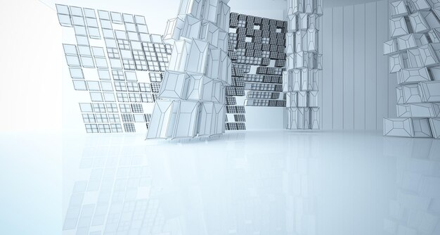 Рисование абстрактного архитектурного белого интерьера из массива кубов с большими окнами 3D