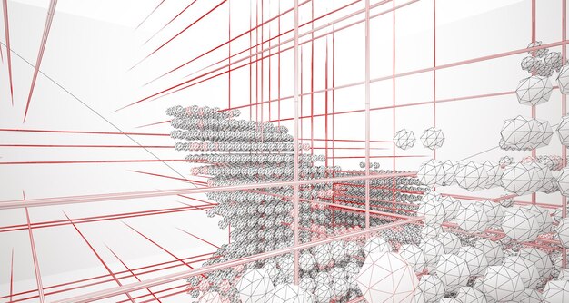 큰 창 3D 일러스트레이션이 있는 구체 배열에서 추상 건축 흰색 인테리어 그리기