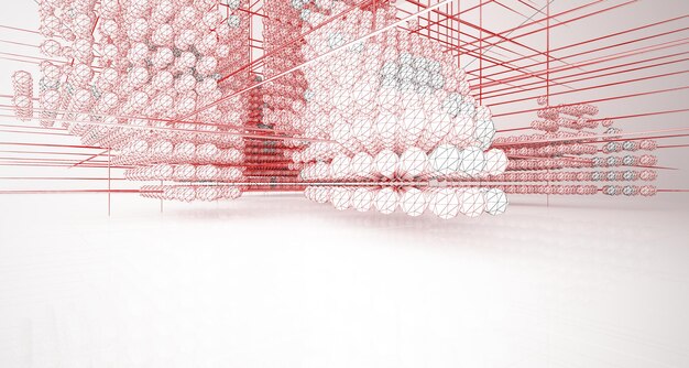 Drawing abstract architectural white interior from an array of spheres with large windows 3D illust