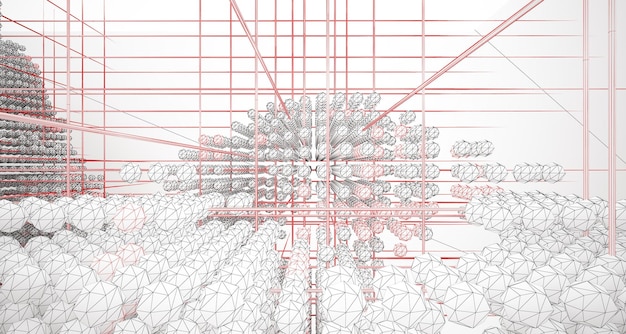 Foto disegno di interni bianchi architettonici astratti da una serie di sfere con grandi finestre 3d