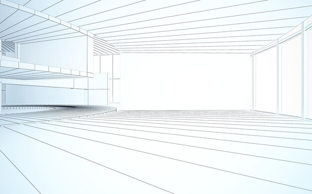 Drawing abstract architectural white interior of a minimalist house with large windows 3D