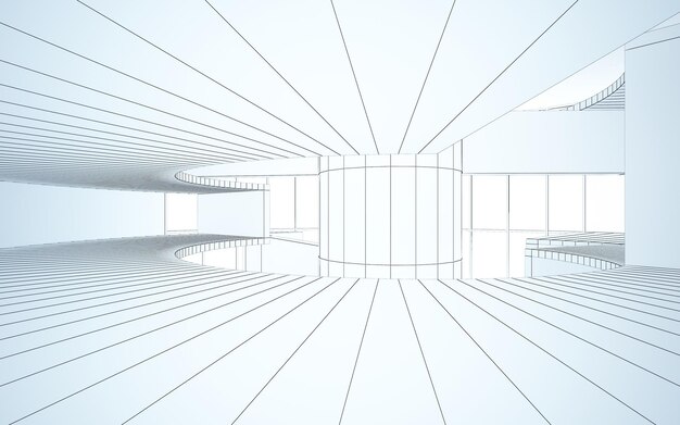 Drawing abstract architectural white interior of a minimalist house with large windows 3D