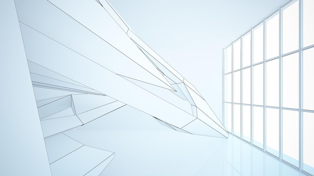 大きな窓 3 d でミニマリストの家の抽象的な建築の白いインテリアを描く