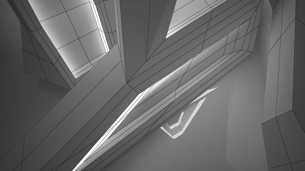 Рисование абстрактного архитектурного белого интерьера минималистского дома с большими окнами 3D