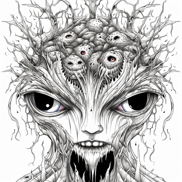 a drawing of an alien head with many eyes and a lot of branches generative ai