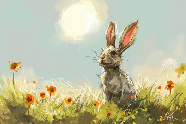 drawing of an animal with big ears and a long tail The animal is standing in a field of flowers and the sun is shining in the sky