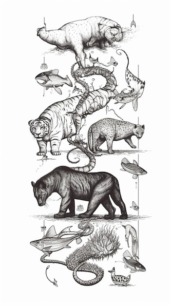 Photo a drawing of animals including a tiger, a tiger, a tiger, a turtle, a turtle, a turtle, and a turtle.