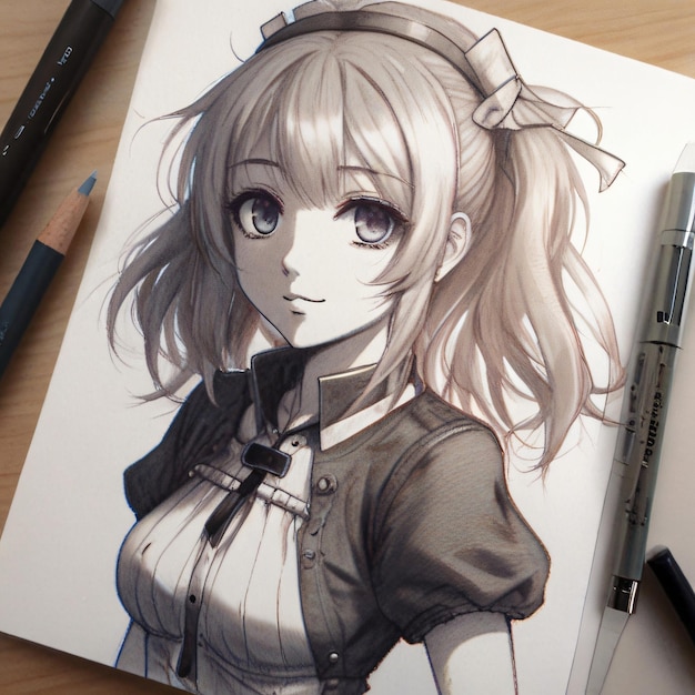 Foto un disegno di una ragazza anime con una matita su di esso