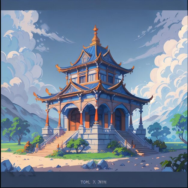 A drawing of a Anime temple with a blue background