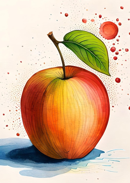 A drawing of an apple with a leaf on it