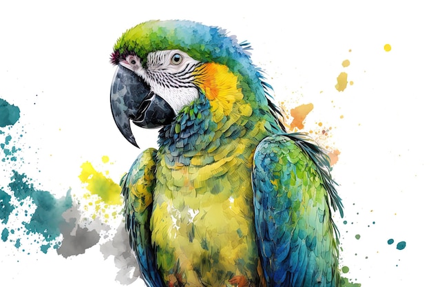 Drawing of an Ara parrot in watercolor on a white backdrop