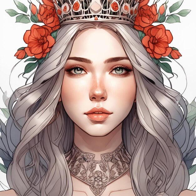 drawing an artistic digital image of a girl that has flowers in the crown in the style of frank cho