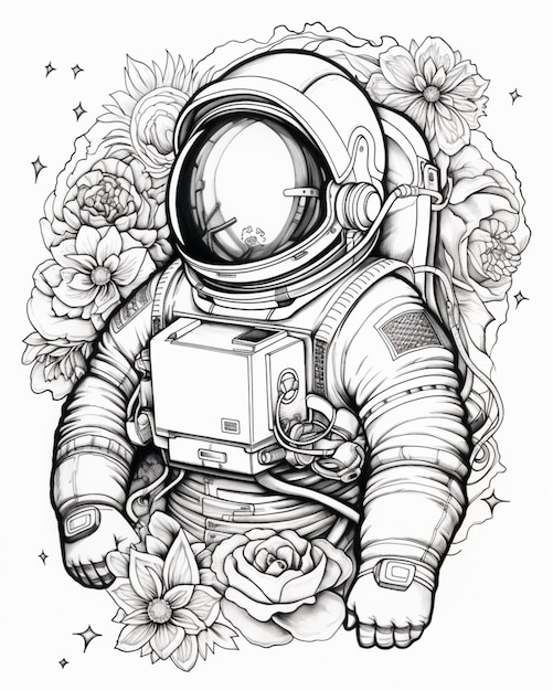 Photo a drawing of an astronaut with flowers around him generative ai