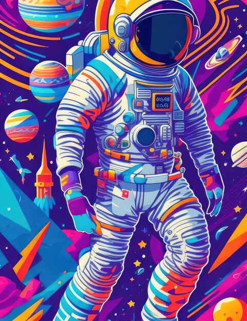 A drawing of a astronaut with a moon in the background