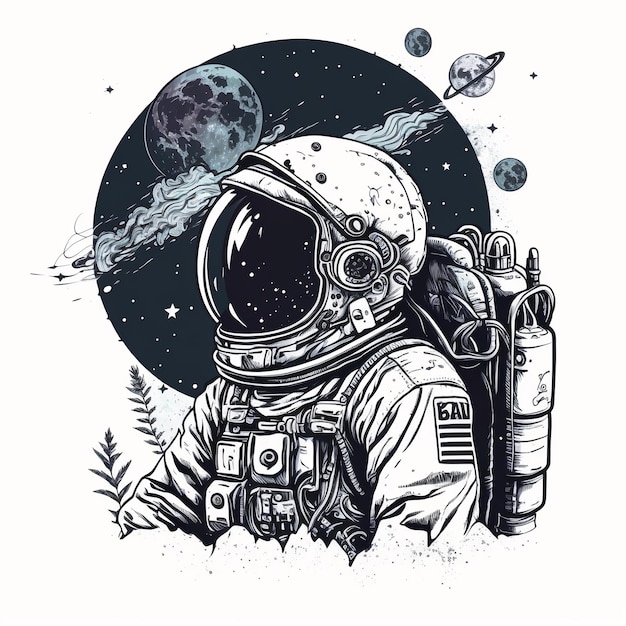 A drawing of an astronaut with a moon in the background.