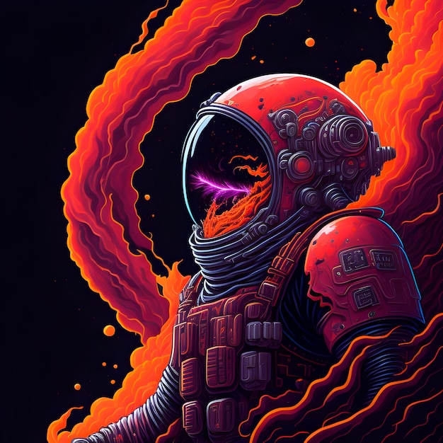 A drawing of a astronaut with a red and blue background.