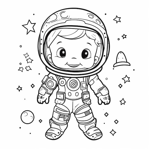 背景に宇宙船を描いた宇宙飛行士の絵