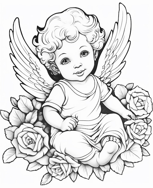 Photo a drawing of a baby angel sitting on roses generative ai