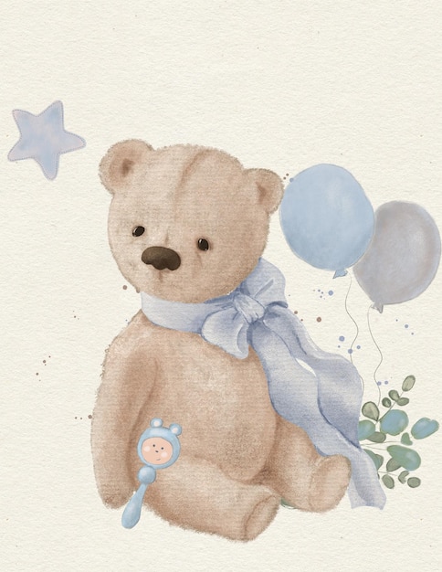 Drawing of baby boy teddy bear with blue ribbon for children\'s\
parties