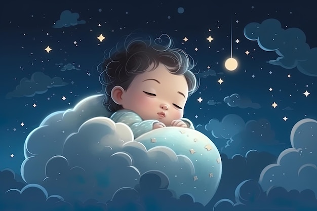 Drawing of a baby sleeping among the clouds Generative AI