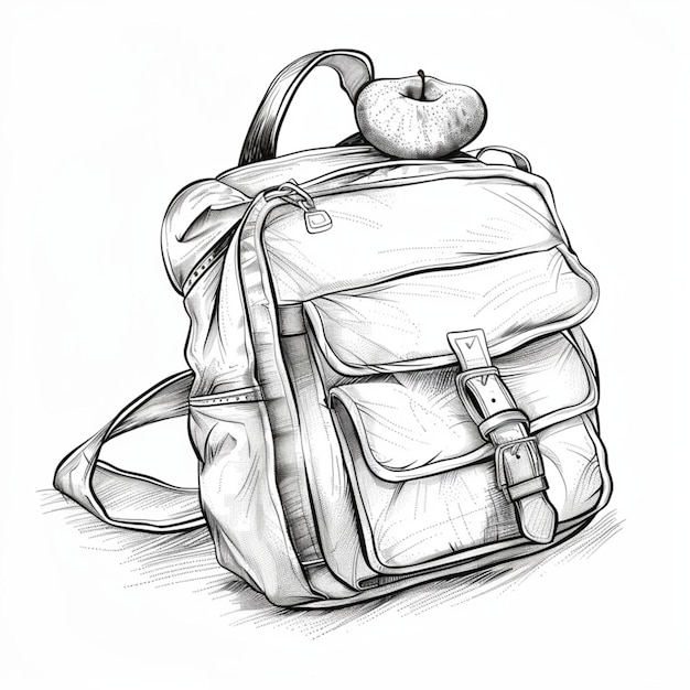 a drawing of a backpack with an apple on it