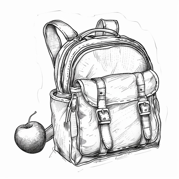 a drawing of a backpack with a apple on it