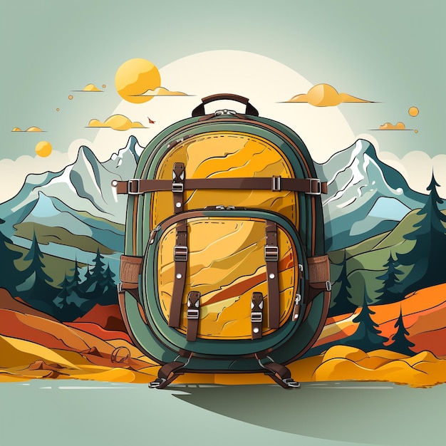 a drawing of a backpack with mountains in the background