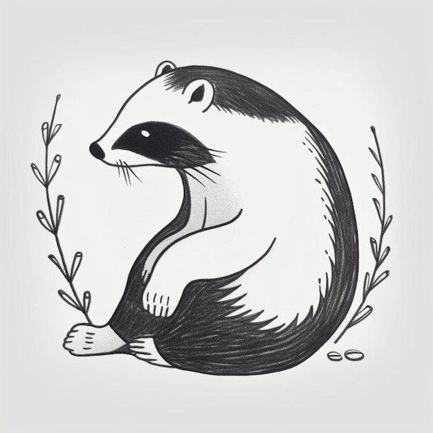 a drawing of a badger sitting on its back with a branch in its hand generative ai