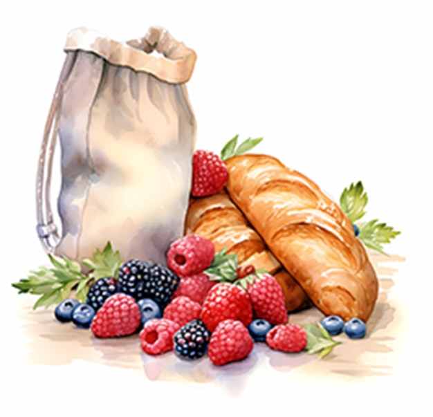 a drawing of a bag of raspberries and croissants