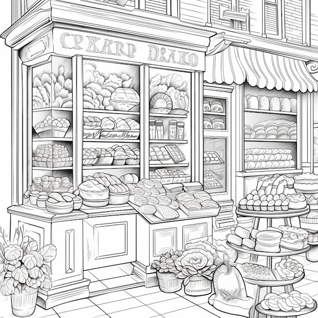 a drawing of a bakery with breads and pastries on display generative ai