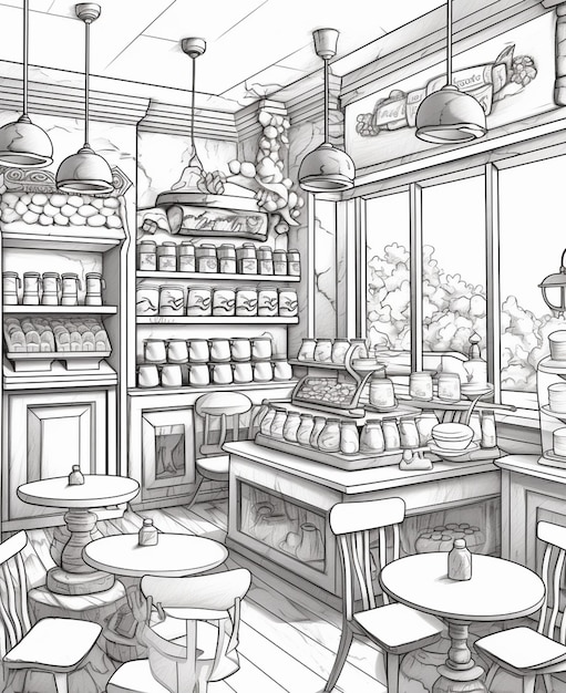 Photo a drawing of a bakery with a lot of shelves and tables generative ai