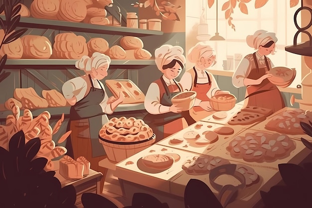 A drawing of a bakery with a woman wearing a apron and a hat.