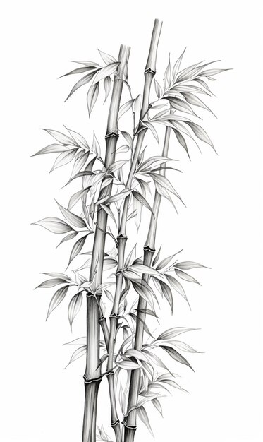 a drawing of a bamboo tree with leaves and stems generative ai