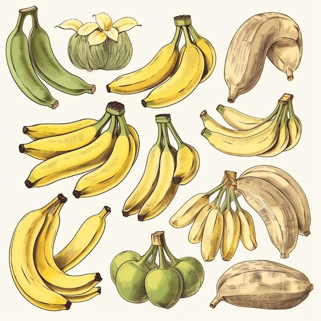 A drawing of bananas and a green apple