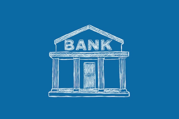 Photo drawing of a bank building on a blue background