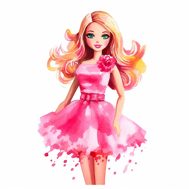 a drawing of a barbie with a pink dress and a flower in her hand.