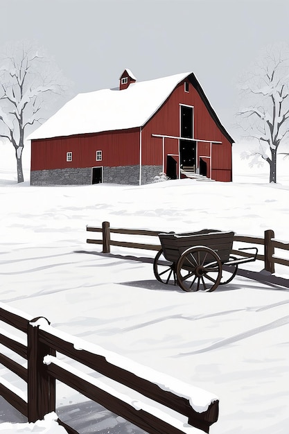 A drawing of a barn with a wagon and a bench in the snow generative ai