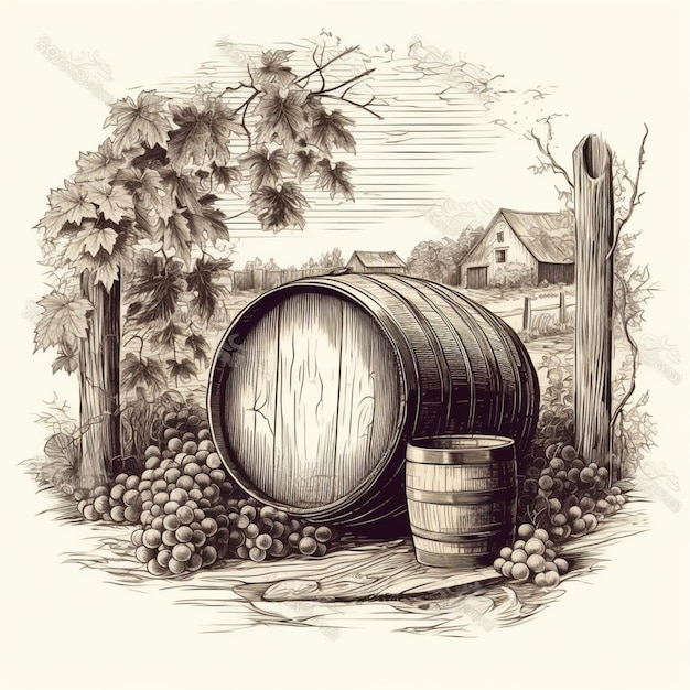 a drawing of a barrel and a barrel of wine next to a fence generative ai