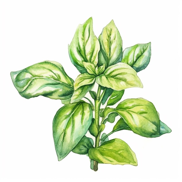 A drawing of a basil plant with green leaves.