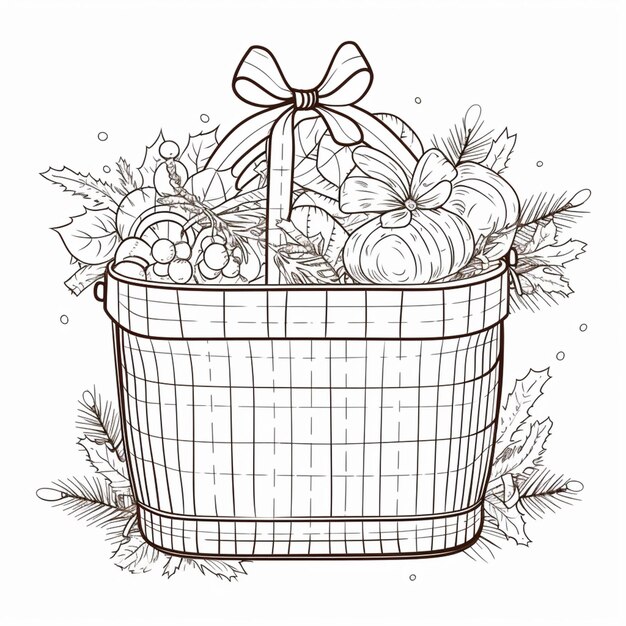 a drawing of a basket filled with christmas ornaments generative ai