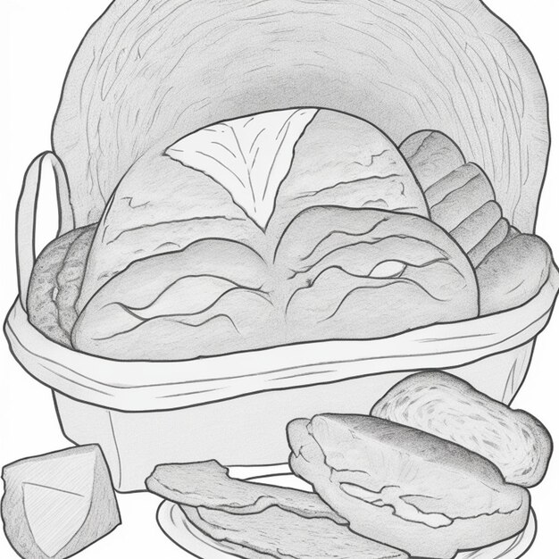 a drawing of a basket of food with a picture of a chicken and a bun coloring book