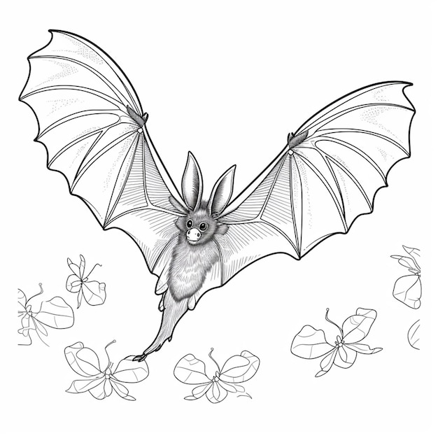 Photo a drawing of a bat flying through the air with butterflies around it generative ai