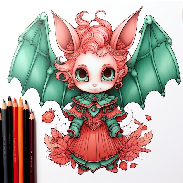 drawing a of a bat for halloween coloring pages in the style of light red and dark emerald