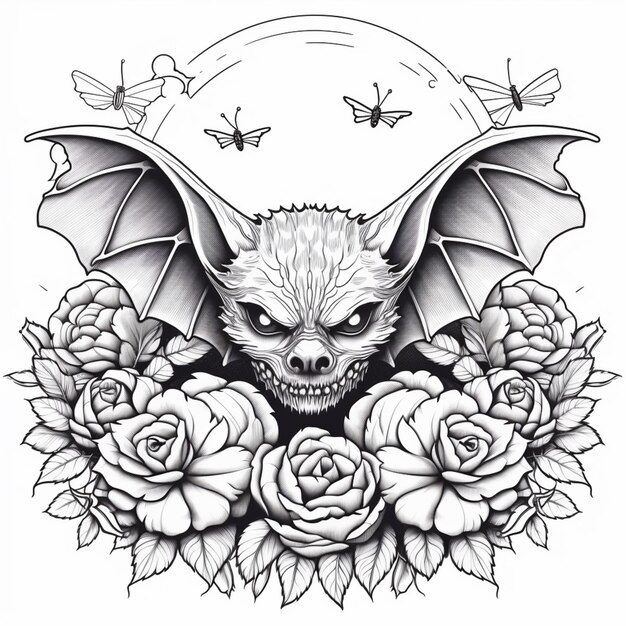 Photo a drawing of a bat with roses and butterflies around it generative ai