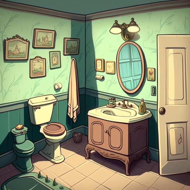 A drawing of a bathroom with a toilet and sink.