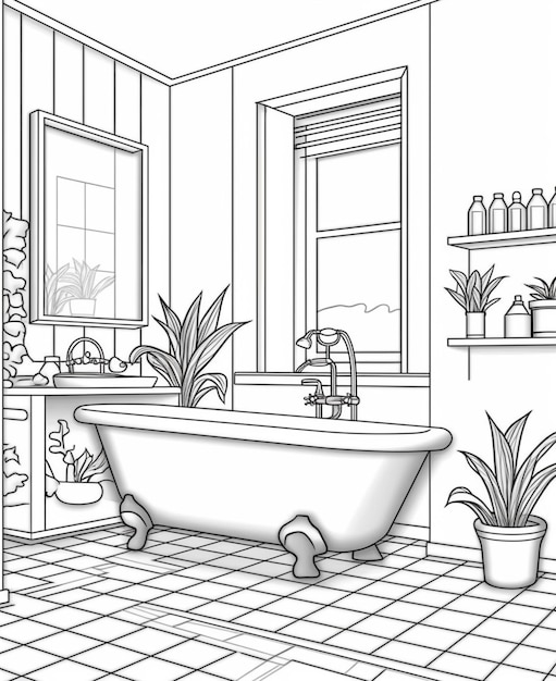 a drawing of a bathroom with a tub generative ai