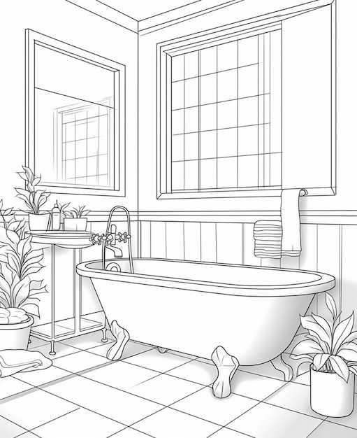 a drawing of a bathroom with a tub generative ai