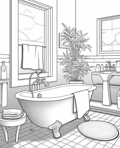 a drawing of a bathroom with a tub generative ai