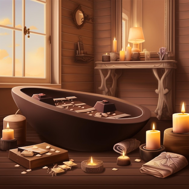 A drawing of a bathtub with candles and a candle on the floor